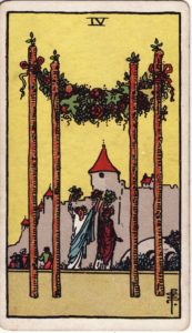 Representación Gráfica Carta Tarot Rider 4 - Cuatro de Bastos