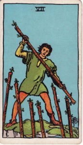 Representación Gráfica Carta Tarot Rider 7 - Siete de Bastos