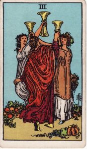 Representación Gráfica Carta Tarot Rider 3 - Tres de Copas