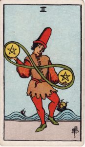 Representación Gráfica Carta Tarot Rider 2 - Dos de Oros