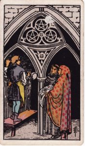 Representación Gráfica Carta Tarot Rider 3 - Tres de Oros