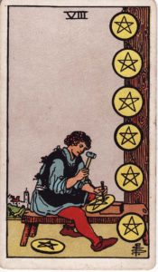 Representación Gráfica Carta Tarot Rider 8 - Ocho de Oros